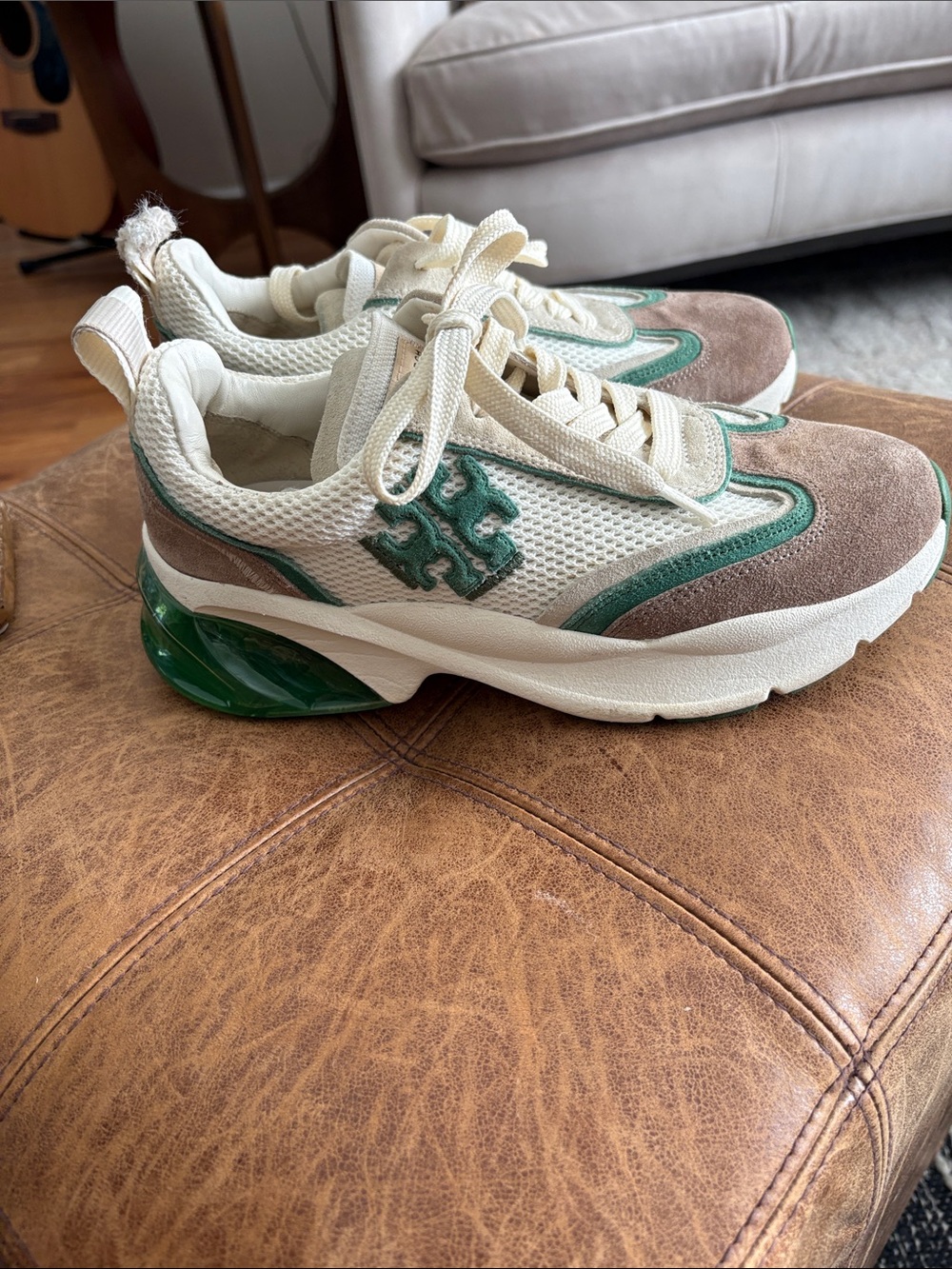 Tory Burch Cream, Green & Taupe Suede Mesh Sneakers